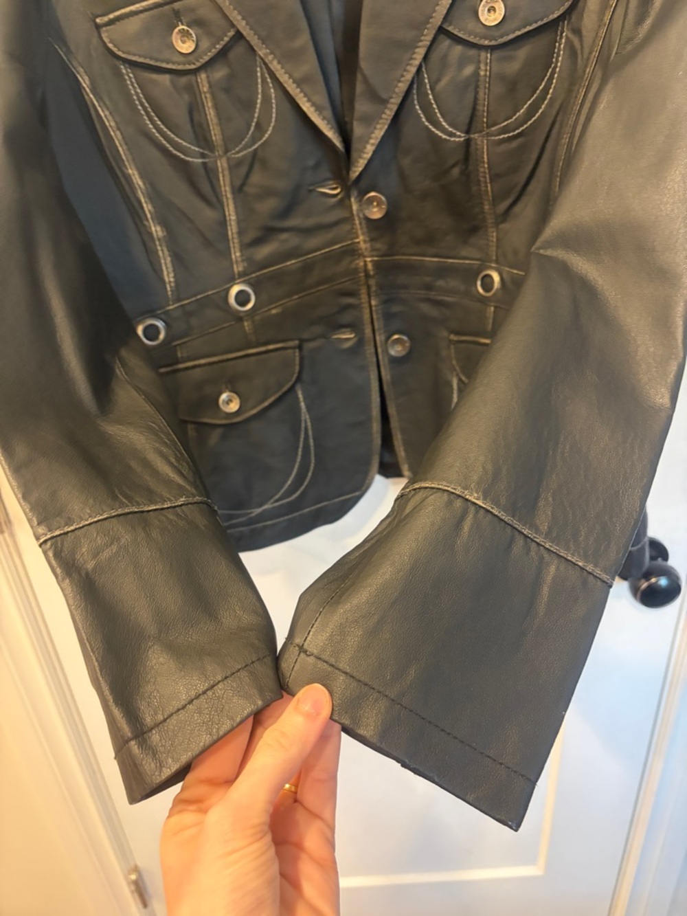 Women's Black Leather Button-Front Blazer - Picture 9 of 16